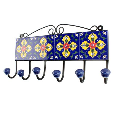 Navy Blue With Yellow Leaf Ceramic Floral Tiles Hook 